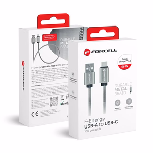 Kaabel USB A to USB C Forcell F-Energy QC3.0 66W Metal 1 m C234 hõbedane