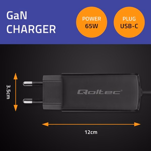 Qoltec 52419 65W GaN ülikiiret laadimist toetav laadija | 5-20V | 3-3.25A | USB-C 3.1