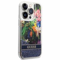 Guess Flower Liquid Glitter ümbris jaoks iPhone 14 Pro Max - sinine