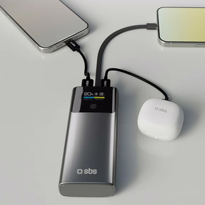 SBS 10000mAh PD 20W Powerbank with LCD Display and Built-in USB-C Cable - Gray