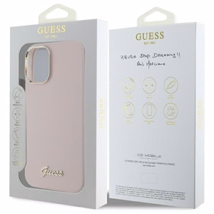 Guess Silicone Script Metal Logo & Frame iPhone 16 Ümbris - roosa