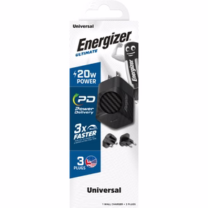 Energizer Ultimate A20MU GaN reisilaadija EU / UK / US pistikutega, USB-C, 20 W PD, must