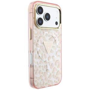 Guess IML Leopard Glitter Triangle Logo MagSafe ümbris mudelile iPhone 17 Pro Max / 18 Pro Max – värv: roosa