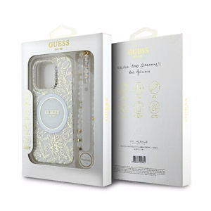 Guess IML Flowers Allover Electro With Pearl Strap MagSafe ümbris jaoks iPhone 16 Pro - valge