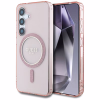 Guess Glitter Circle Classic Logo MagSafe Ümbris jaoks Samsung Galaxy S25 roosa
