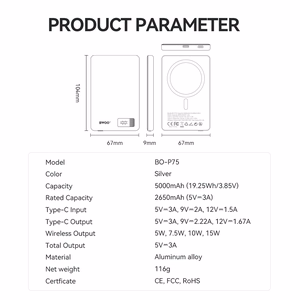 BWOO aluminium magnetic akupank P75 PD 20W 5000 mAh with digital display and USB-C port hõbedane