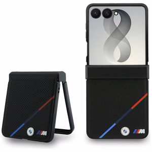 Must BMW M Leather Perforated Tricolor Stripe Metal Logos ümbris MagSafe'i toega Samsung Galaxy Z Flip8 telefonile