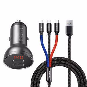 Baseus Car Laadija with display 24W + Kaabel USB 3in1 Baseus Three Primary Colors 1,2m
