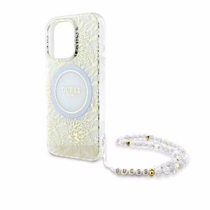 Guess IML Flowers Allover Electro With Pearl Strap MagSafe ümbris jaoks iPhone 16 Pro - valge