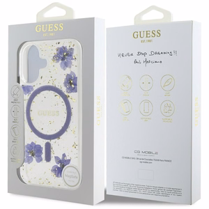 Guess Resin Flowers Glitter MagSafe ümbris jaoks iPhone 16 - lilla