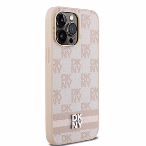 DKNY Leather Checkered Mono Pattern & Printed Stripes ümbris jaoks iPhone 14 Pro Max - roosa