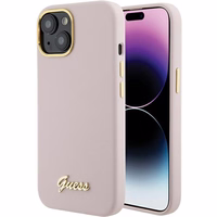 Guess Silicone Script Metal Logo & Frame ümbris jaoks iPhone 15 - roosa