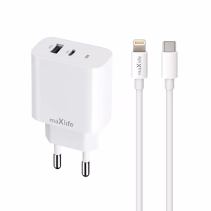 Maxlife MXTC-06-20AC PD QC laadija 1x USB-C 1x USB 20W valge + USB-C - Lightning kaabel 20W
