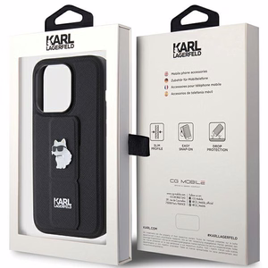 Karl Lagerfeld Gripstand Saffiano Choupette Pins ümbris jaoks iPhone 15 Pro - must