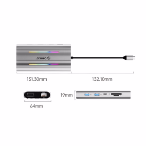 Orico XDR 12in1 RGB USB-C Docking Station USB-A USB-C PD 100W 2x HDMI 4K 60Hz VGA RJ45 Gigabit SD and microSD Card Reader - Gray
