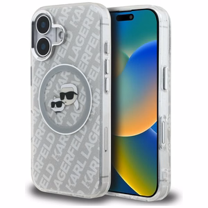 Karl Lagerfeld IML Glitter Karl & Choupette Heads Logo MagSafe iPhone 16 Case - Gray