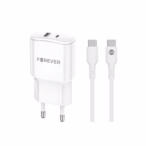 Forever TC-01-20AC PD QC laadija 1x USB-C 1x USB 20W valge + USB-C - USB-C kaabel 20W