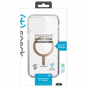 Speck Presidio Perfect-Clear with Glitter + MagSafe ümbris seadmele iPhone 15 Plus / 14 Plus, Microban mikroobivastase kaitsega, Clear / Gold Glitter värvikombinatsioon
