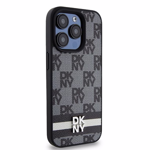 DKNY Leather Checkered Mono Pattern & Printed Stripes iPhone 15 Pro Ümbris - Must