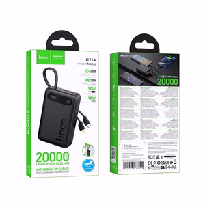 Akupank Hoco 20000 mAh QC PD 2A 22,5W sisseehitatud kaablitega USB C + Lightning J171A must