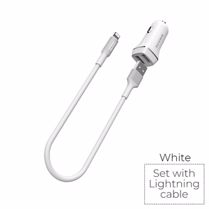 Borofone BZ2 Joyroad autolaadija 2 USB-A pordiga, 12 W, Lightning-kaabliga, valge