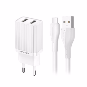 Laadija Awei C15T-EU 10W 2xUSB-A + USB-A to USB-C kaabel 1.0m valge