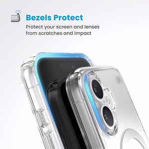 Speck Presidio Perfect-Clear MagSafe'i ja ClickLocki toega ümbris iPhone 16-le, Clear/Chrome