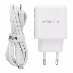 Mobiililaadija VEGER USB-A + Type-C PD QC3.0 3,25 A 65 W + kaabel USB-C–USB-C TR67, valge
