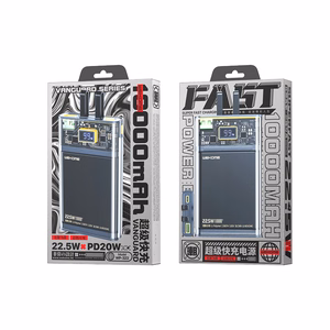 WEKOME WP-323 Vanguard Series akupank, 10000 mAh, PD 20 W + QC 22,5 W, sisseehitatud USB-C- ja Lightning-kaablitega, must ja läbipaistev