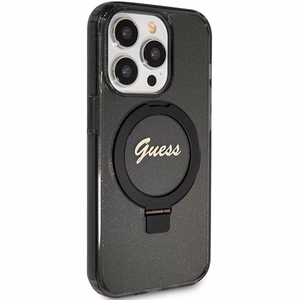 Оригинальный чехол-накладка Guess GUHMP15XHRSGSK для iPhone 15 Pro Max (совместимый с MagSafe / Glitter Script Logo / Ring stand / чёрный)