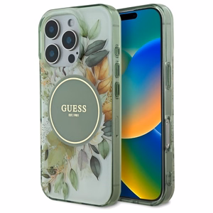 Guess IML Flower & Tonal Circle MagSafe ümbris jaoks iPhone 16 Pro - roheline