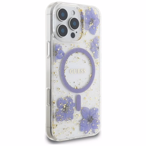 Guess Resin Flowers MagSafe ümbris jaoks iPhone 16 Pro - lilla