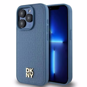 DKNY Leather Monogram Pattern Metal Logo MagSafe Ümbris jaoks iPhone 15 Pro - Sinine