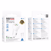 Borofone autolaadija BZ34B Cloud - USB + Type C - QC 3.0 PD 38W koos Type C Type C kaabliga valge