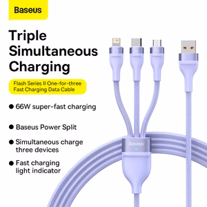 Baseus Kaabel Flash Series II 3 in 1 - USB to Type C, Lightning, Micro USB - 66W 6A 1,2 metres (CASS040005) purple