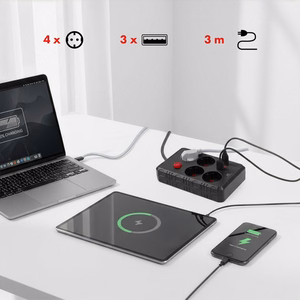 Maclean MCE393 B pikendusjuhe 4 pistikupesa ja 3 USB-pordiga, 110–240 V AC, 50/60 Hz, 2,1 A, max 2500 W, 3 m, must