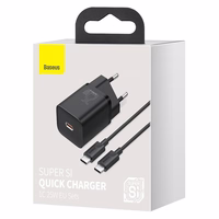 Laadija Baseus Super Si 25W USB-C + USB-C to USB-C kaabel 1.0m must TZCCSUP-L01