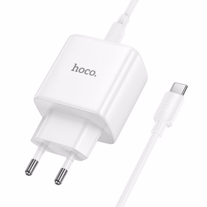 GaN зарядное устройство для телефона Hoco USB C PD AVS 40W max 60W с кабелем USB C на USB C N83 белое
