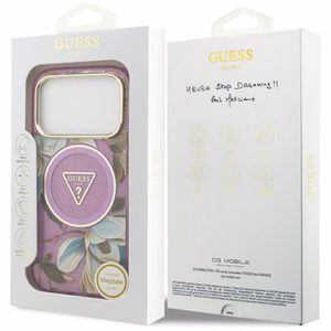 Guess IML Glitter Flowers Triangle MagSafe ümbris mudelile iPhone 17 Pro / 18 Pro – lilla