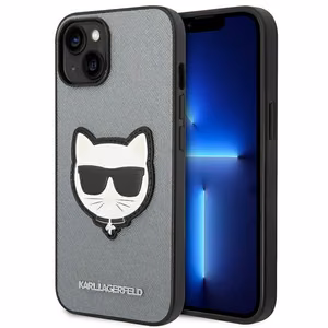 Karl Lagerfeld Saffiano Choupette Head Patch ümbris iPhone 14-le - hõbedane