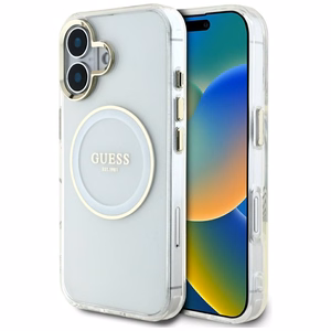 Guess IML Metal Colored Circle Classic Logo MagSafe ümbris jaoks iPhone 16 - valge