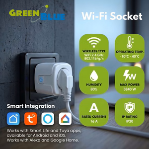 GreenBlue Remote-Controlled WiFi Outlet, Android/iOS/Alexa/Google Home, Timer, Wattmeter, Max 16A/3840W, GB735 W