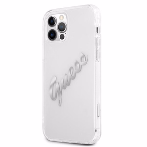 Guess GUHCP12MKTRSVSI iPhone 12/12 Pro 6.1" Läbipaistev kõvakaane Vintage Script Silver