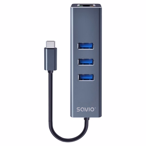 Savio AK-57 USB-C – 3x USB-A jaotur RJ-45 gigabiti Etherneti adapteriga, 5000 Mbit/s, hall