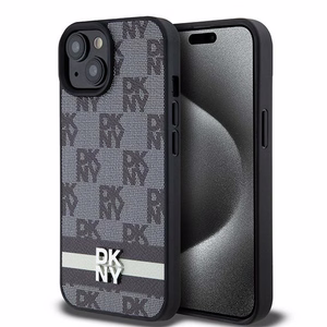DKNY Leather Checkered Mono Pattern & Printed Stripes Чехол для iPhone 15 Plus / 14 Plus - чёрный