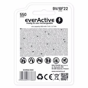everActive 6F22/9V Li-ion 550 mAh laetav aku USB Type-C-ga