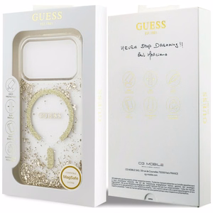 Guess Resin Bottom Glitter MagSafe ümbris mudelitele iPhone 18 Pro / 17 Pro, kuldne