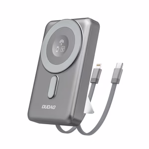 Dudao K29 10000mAh PD 20W MagSafe Power Bank koos metallist korpuse, statiivi ja sisseehitatud USB-C/ Lightning kaablitega - hall