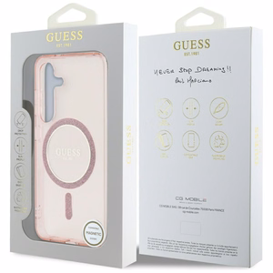 Guess Glitter Circle Classic Logo MagSafe Ümbris jaoks Samsung Galaxy S25 roosa