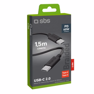 SBS TECABLETISSUETCK USB-C - USB-C 1.5m 60W braided kaabel - must